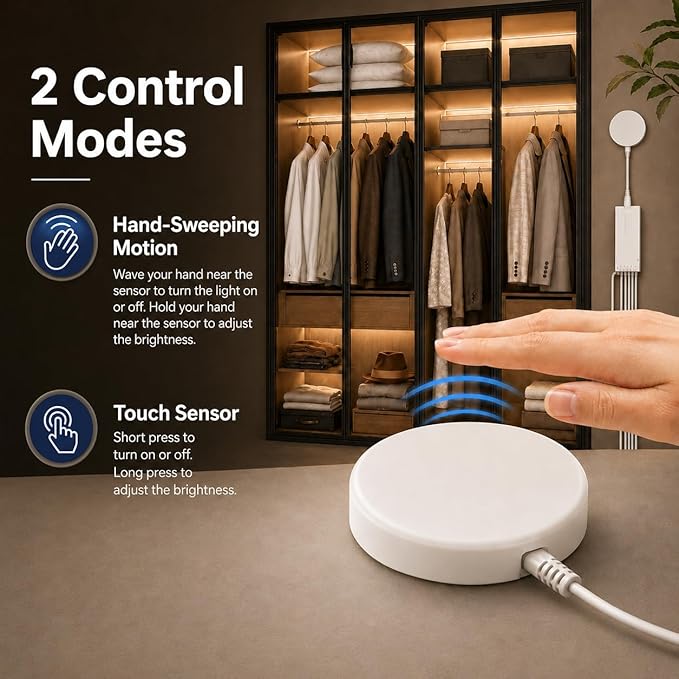 COB LED Strip Lights, 12V Cabinet Light 6Pcs 6.56FT, 3000K Cuttable DIY LED Strip with Hide Touch and Hand Sweep Dimmer Switch Kit for Cabinet Showcase Kitchen Acoustic Panel Decoration Shelf Lighting
