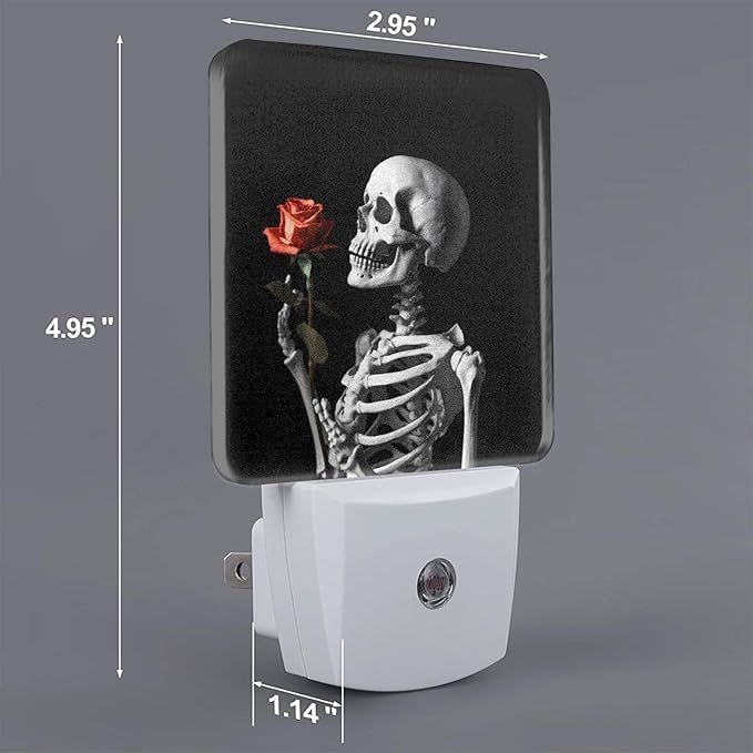Skull Skeleton Red Rose Night Light Set of 2, Rock and Roll Auto Sensor LED Dusk-to-Dawn Nightlights, Plug-in Sensor Lamp for Bedroom Bathroom Kitchen Hallway Stairs Decorative