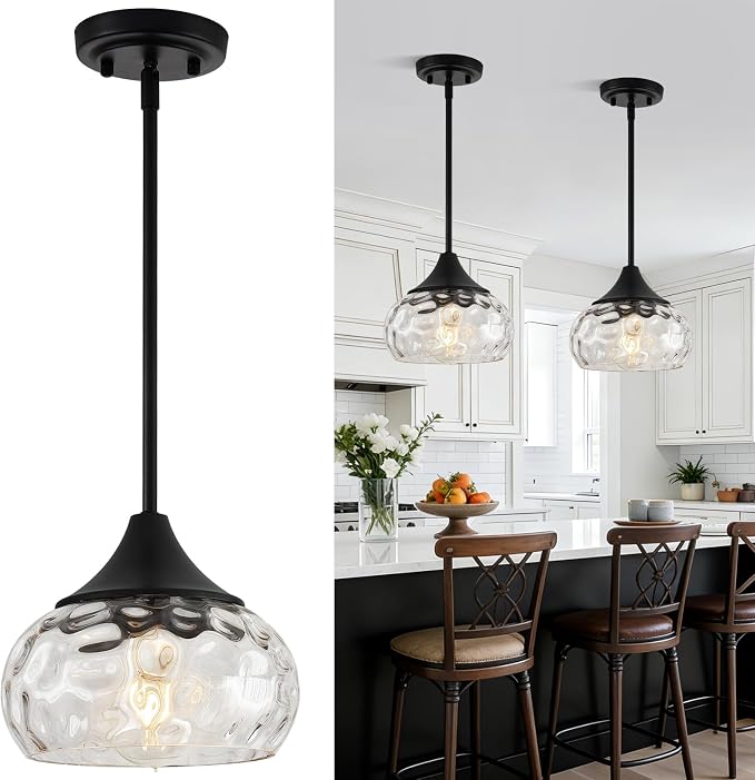 2 Pack Modern Pendant Lights Kitchen Island, Matte Black Pendant Light Fixtures with 8.5" Clear Hammered Glass Shade, Industrial Hanging Pendant Lights Fixture for Kitchen Island Dining Room Entryway