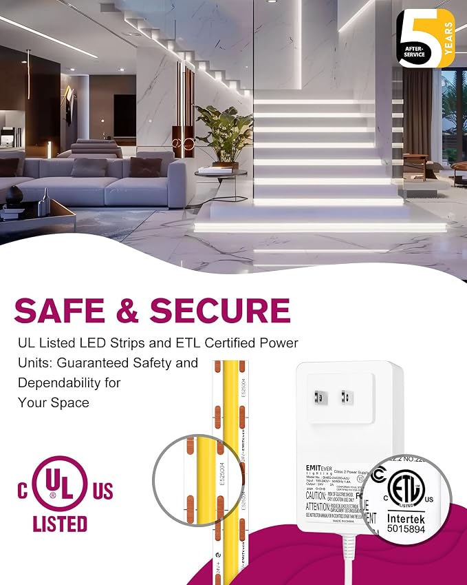 EMITEVER Cool White COB Strip Light Kit 5000K,16.4ft 2400LEDs,24V Dimmable | CRI 90+,305+LM/ft,ETL 48W power supply & remote included,UL listed Strip for living room,kitchen,under cabinet & shelving