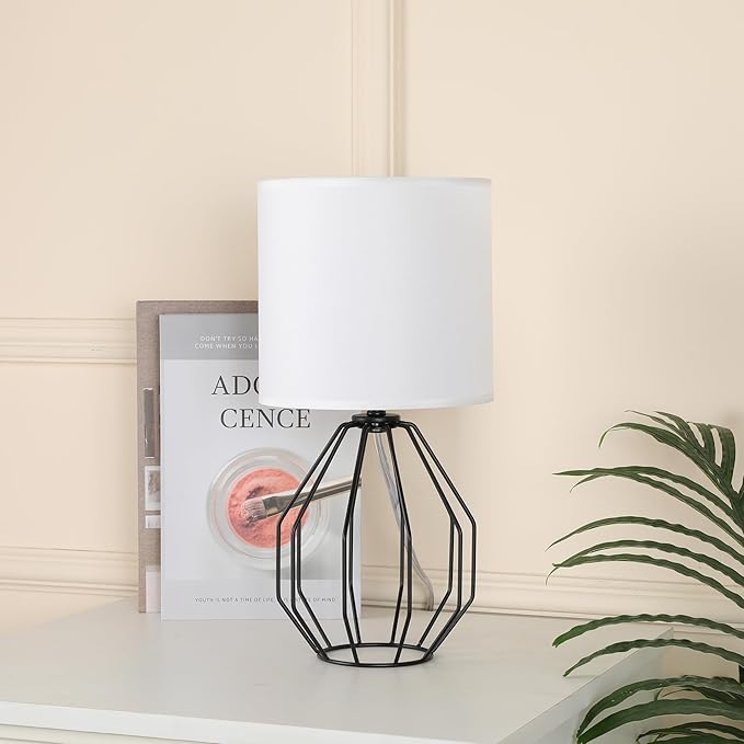 Small Table Lamp Set of 2 Black, Small Bedside Lamps, Cute Desk Lamps with Metal Cage & Linen Lampshade, Nightstand Lamps for Bedroom, Living Room, Kids Room, Office