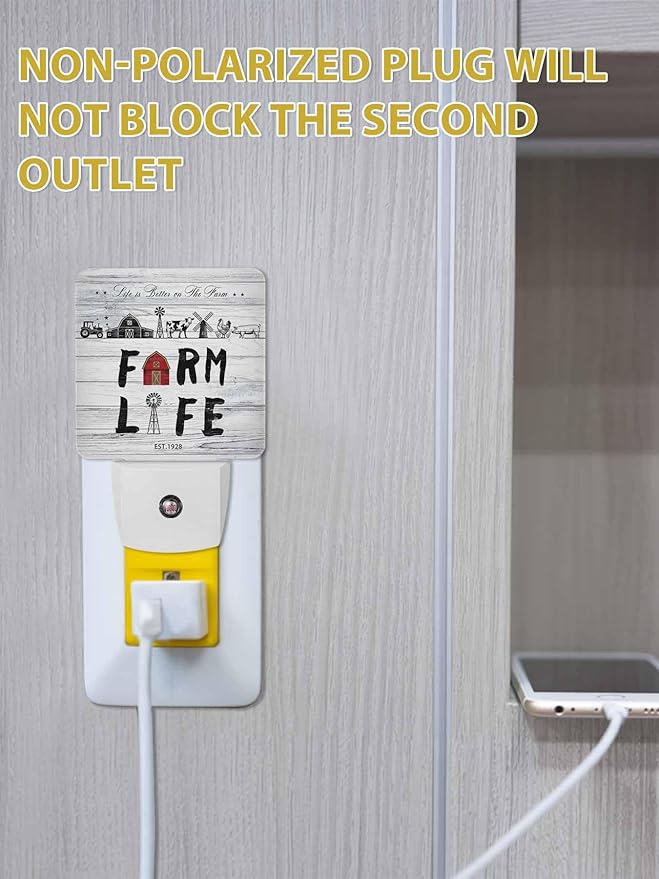 Vintage Night Lights Plug into Wall LED Night Light Farmhouse Chicken Pig Barn Wood Grain Automatic Dimmable Dusk-to-Dawn Square Shaped Smart Nightlight for Bathroom/Bedroom
