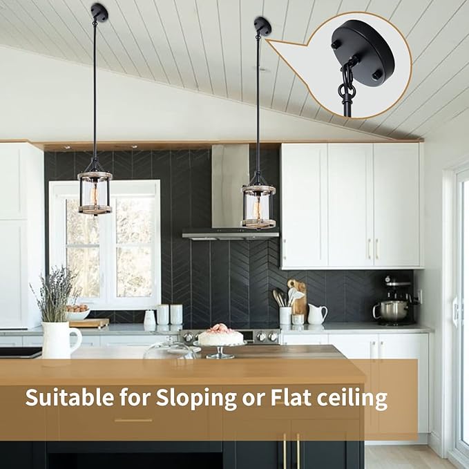 Farmhouse Pendant Light, Rustic White Wood and Metal Cage Hanging Light Fixtures with Glass, 43 Inch Adjustable for Flat and Slop Ceiling, Pendant Lighting for Kitchen Island Foyer Hallway