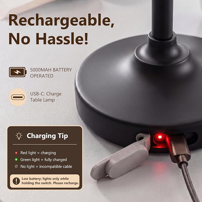Table Lamp Cordless Lamp,5000mAh Rechargeble Battery Operated Lamp | Small Bedside Desk Lamp 11.02" with Glass Shade 3-Way Dimmable Portable LED Table Light,for Outdoor,Dinner,Patio(Black)