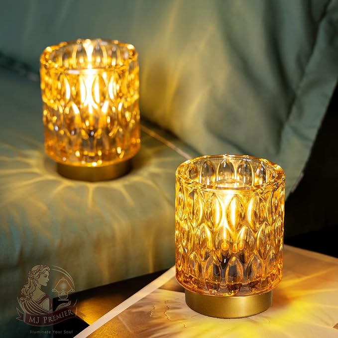 Battery Operated Table Lamp Timer, Small Cordless Lamps Decorative, 2 Amber | Mini Crystal Lamp for Area No Plug, LED Battery Powered Lamps Wireless, Glass Accent Light for Bathroom Fireplace Shelf Decor