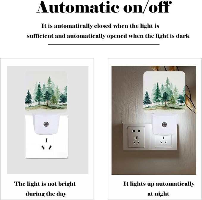 Watercolor Forest Night Light,Plug Into Wall for Boys Girls Bedroom Decorative Square Night Light Lamp 0.5w Sleep Friendly
