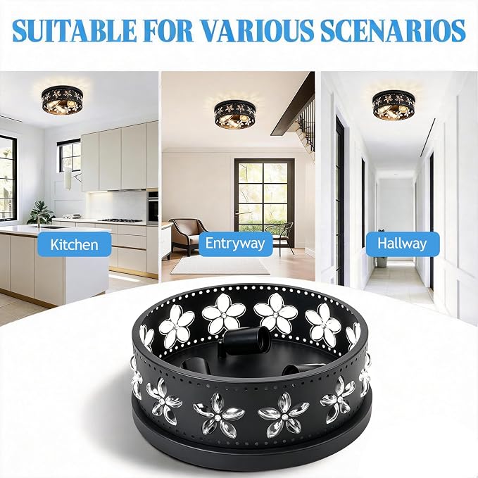 12.6 Inch Black Flush Mount Ceiling Light Fixture, 2 Pack | 3-Light, Flower, Farmhouse, Kitchen, Dining Room, Bedroom, Living Room, Foyer, Entryway