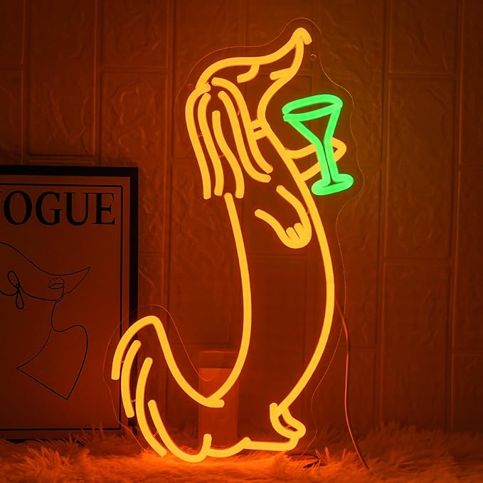 Dachshund Drinking Martini Neon Sign Yellow Dog Neon Signs for Wall Decor Dimmable Dachshund Cocktail Neon Light for Bar Pub Wall Art Dog Home Wall Decor(16 * 12.4")