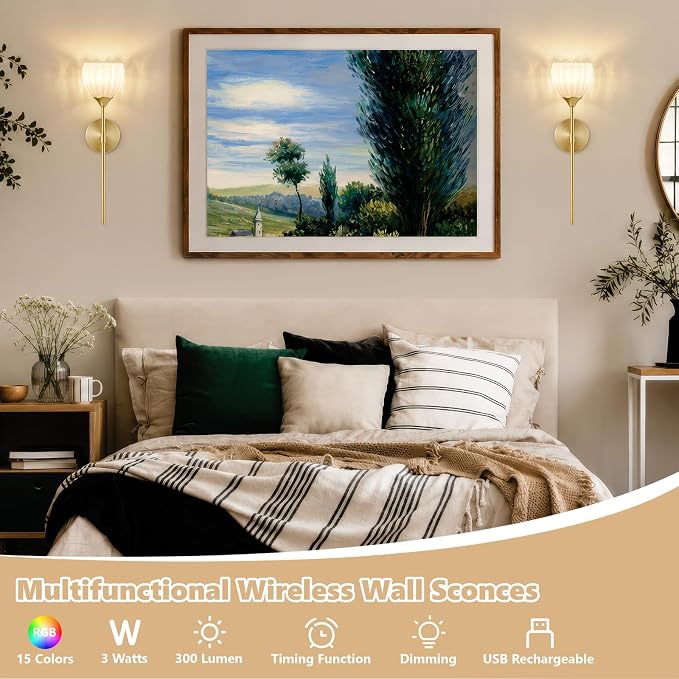 Vintage Battery Operated Wall Sconce Set of 2, White Tulip Glass Lampshade Wireless 5300 mAh Rechargeable Battery Powered LED Wall Light with Remote Dimmable for Bedroom Bathroom Living Room