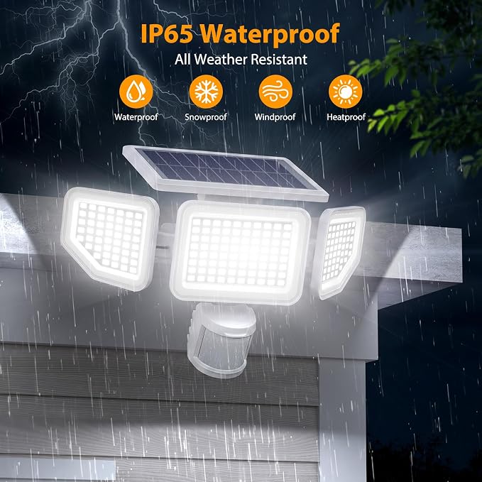Onforu 4500LM Solar Lights Outdoor, 3 Heads Security Lights with Remote Control, IP65 Waterproof Motion Sensor Lights, 3 Modes Flood Lights for Wall, Porch, Yard, Outside, 2 Pack, White