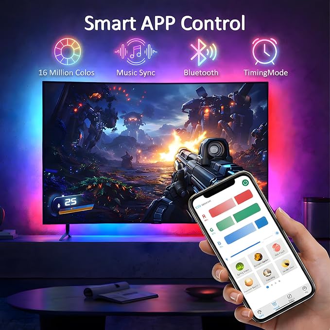 TV Backlight,12.5ft Music Sync Bluetooth TV Lights, 55-65" | USB Powered Smart Led Strip Lights, Immersive Behind TV LED Lights for Gaming, Movie