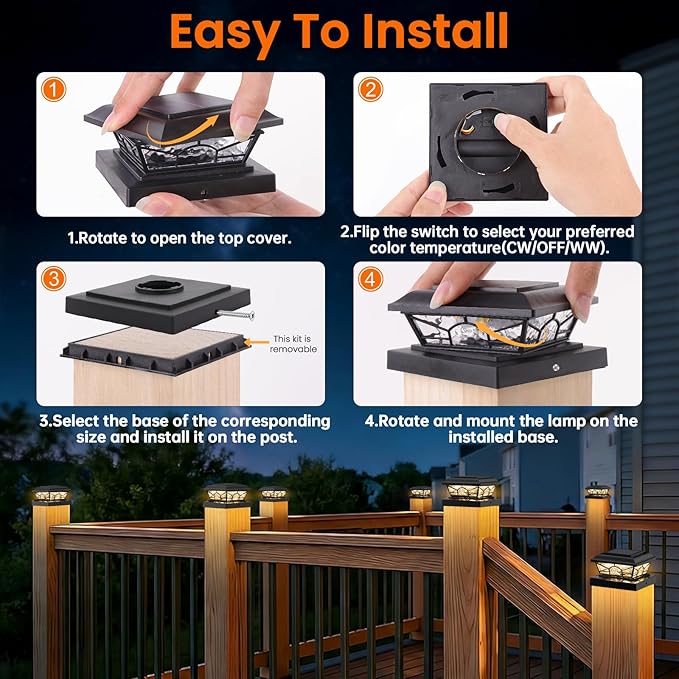 4x4 3.5x3.5 Solar Post Cap Lights 8-Pack Black | 2 Modes (Warm/Cool White), 16LEDs, for Wooden/Vinyl Posts, IP65 Waterproof, Outdoor, for Fence, Deck, Patio, Yard, Porch
