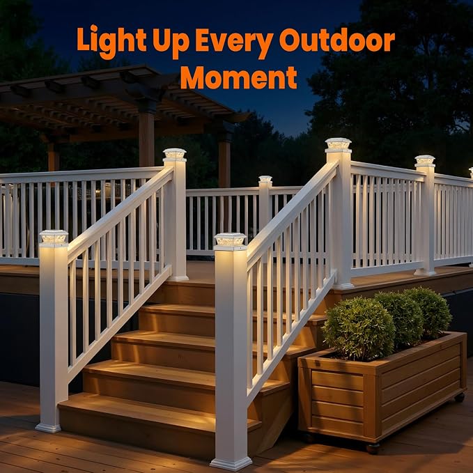 4x4 3.5x3.5 Solar Post Cap Lights 8-Pack White | 2 Modes (Warm/Cool White), 16LEDs, for Wooden/Vinyl Posts, IP65 Waterproof, Outdoor, for Fence, Deck, Patio, Yard, Porch
