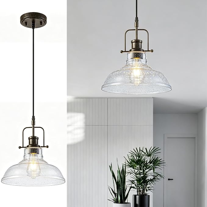 WILON Seeded Glass Modern Pendant Light for Kitchen, Rust | 11'' Seeded Glass Shade, Adjustable Height, E26 Ceramic Socket, 60W MAX, Farmhouse Style for Dining Room Kitchen Over Sink
