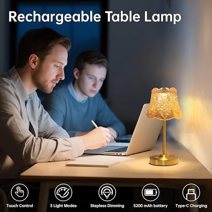 Shenmoyl Cordless Touch Table Lamp with 5200mAh Battery - 3 Adjustable Color Temperatures & Dimmable, Rechargeable Desk Lamp for Bedroom, Living Room, Office, Entryway, Bookshelves (Amber Rose)