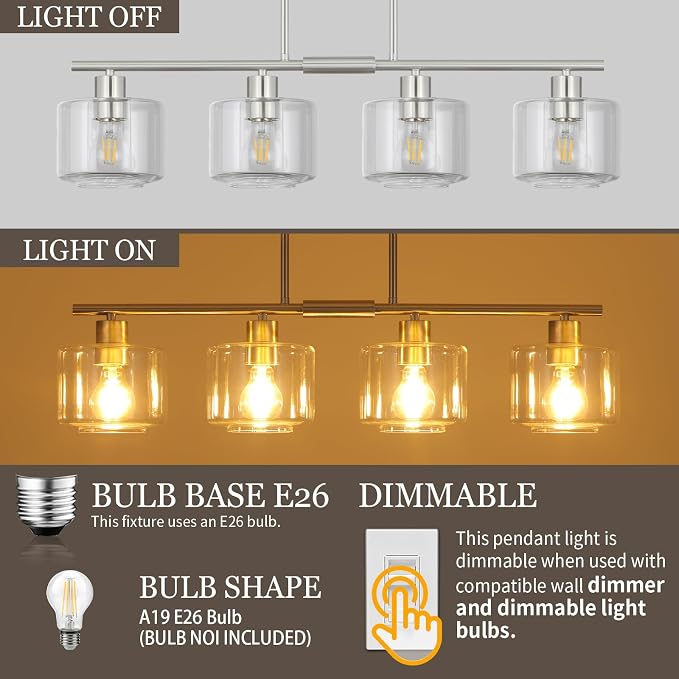 4-Light Brushed Nickel Kitchen Island Lighting, Modern Linear Dining Room Chandelier Light Fixtures with Clear Glass and Chain, Mid Century Hanging Lights for Kitchen Island, OS-YQ8153-4ISBNC