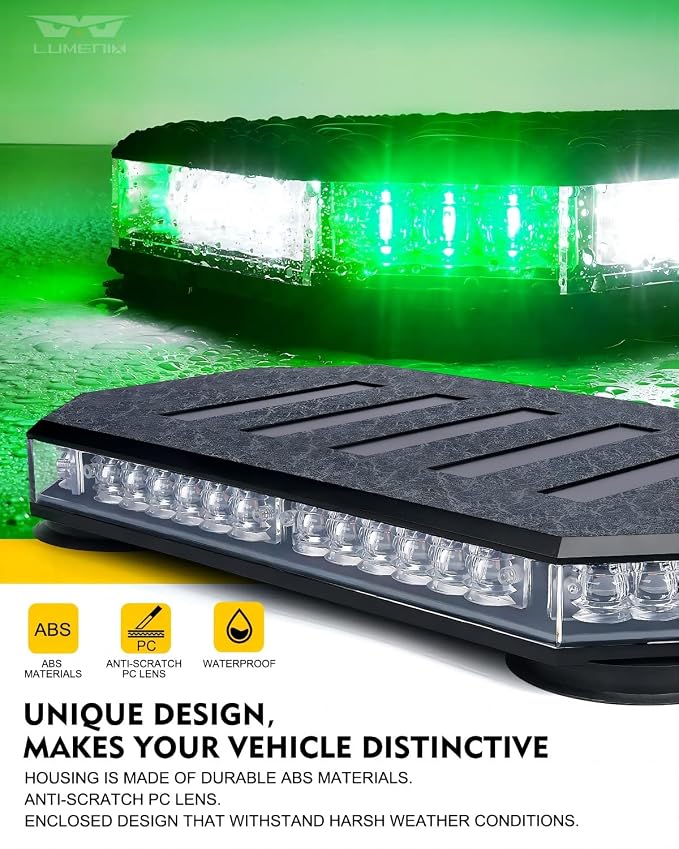 LUMENIX 42 LED Roof Top Magnetic Strobe Beacon Lights Bar, Green White | Hazard Warning Flashing Plow Lights with Controller for Construction Vehicles Tow Trucks Snowplow Work Cars,Patent Design