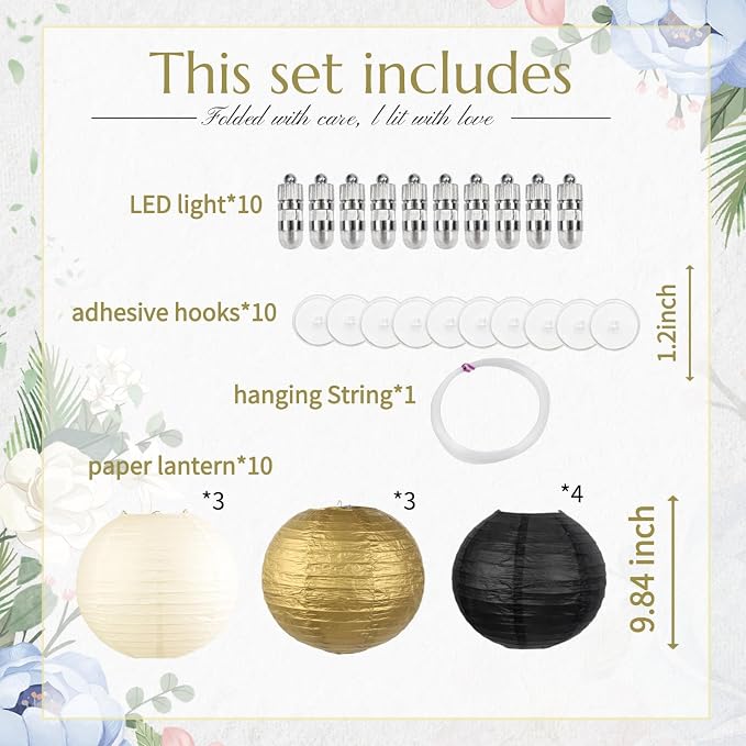 Cream Black Gold Chinese Paper Lanterns with LED, 10-Pack 10inch | Hanging Lights for Engagement Party, Modern Wedding, Anniversary, Birthday Decorations & Art Deco Party