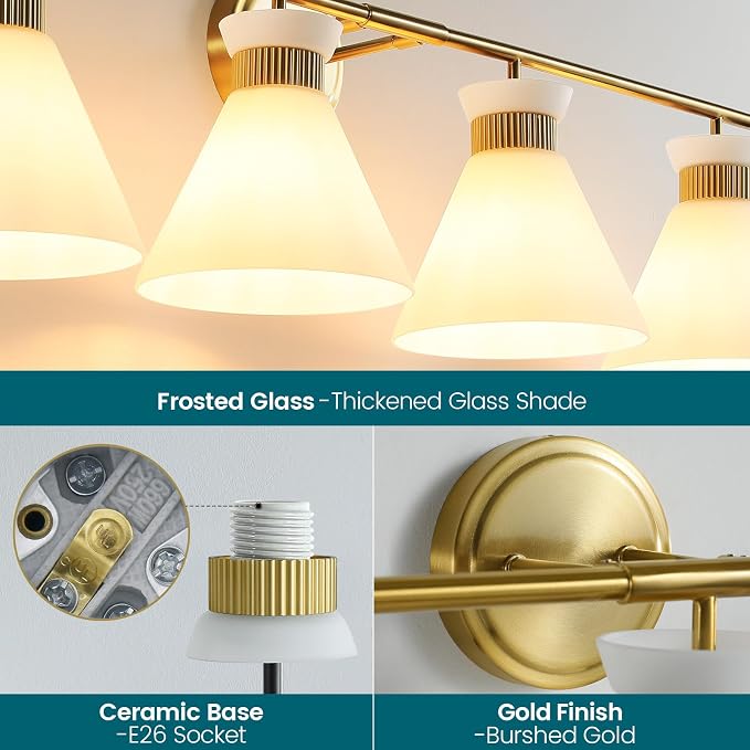 WOSHITU Bathroom Vanity Light Fixtures: 4 Bulb Mid Century Modern Vanity Lights for Bathroom, Brass Gold Wall Sconce Lighting with Frosted Milky Glass for Over Mirror Bath