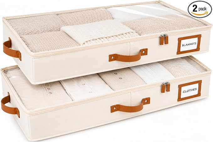 Under Bed Storage, Low Profile 2pc with Lid, Ivory | Slim fit for low-clearance beds & couches, Fits seasonal clothes, blankets & shoes, Bins with lids, Space-saving storage