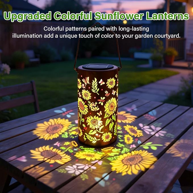 Colorful Solar Lanterns Outdoor Waterproof, Garden Decor Gifts for Women Mom Grandma - LED Colorful Sunflower Solar Powered Lights Metal Hanging Lantern for Outside Garden Patio Yard Lawn Porch Decor