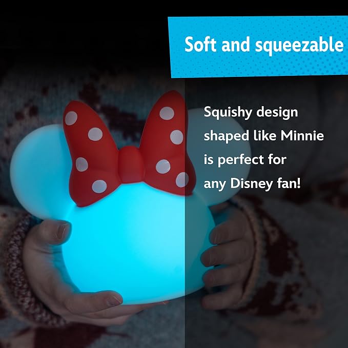Disney Minnie Mouse Squishy Light, Color Changing, Night Light for Kids, USB Lamp, Battery Operated, Dimmable, Ideal for Bedroom, Playroom, Living Room, and More, 66945