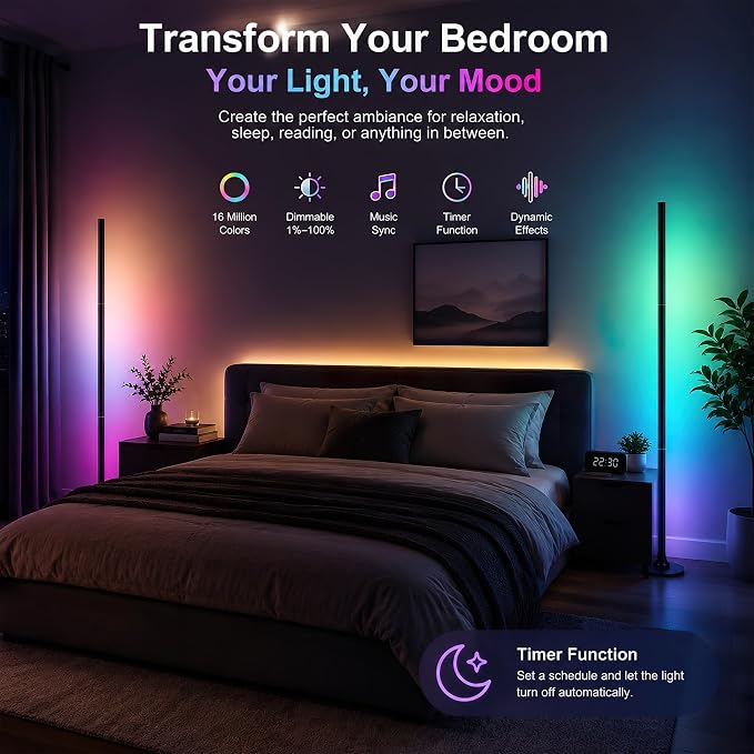 sylvwin Corner Floor Lamp,Smart Ambient Light for Gaming Room | Remote & App Control,16 Million Colors & 100+ Scene Modes, Music Sync ,RGB Color Changing Floor Lamp for Living Room