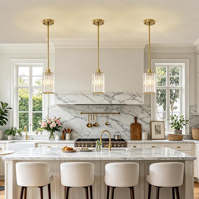 5.1" Mini Modern Gold Crystal Kitchen Island Pendant Lights 3 Pack | Small Crystal Glass Shade, Sparkling Crystal Reflection, Customizable Hanging Height,Fits Most Ceilings, Modern Brushed Brass