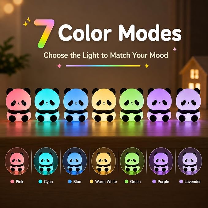 Cute Panda Night Light for Kids, 7-Color Changing Silicone Squishy Lamp, Tap Control USB Rechargeable Portable Night Light for Baby Nursery, Bedroom Desk Decor, Birthday Christmas Gift