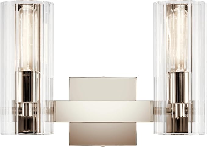 Kichler Jemsa 2 Light Vanity, Modern Light with Clear Fluted Glass in Polished Nickel for Bathroom or Powder Room (9.75" x 13.75"), 55167PN