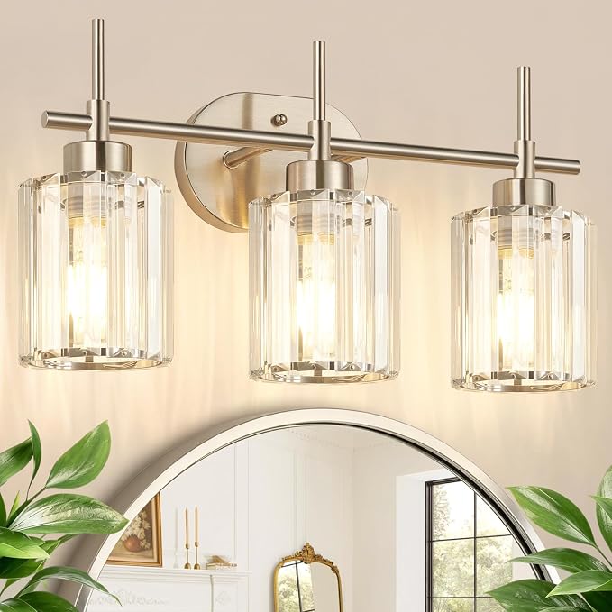 3-Light Bathroom Vanity Light Fixture, Brushed Nickel Bathroom Light with K9 Clear Crystal Shades, Modern Wall Sconce Lighting for Bathroom Mirror, Bedroom, Hallway