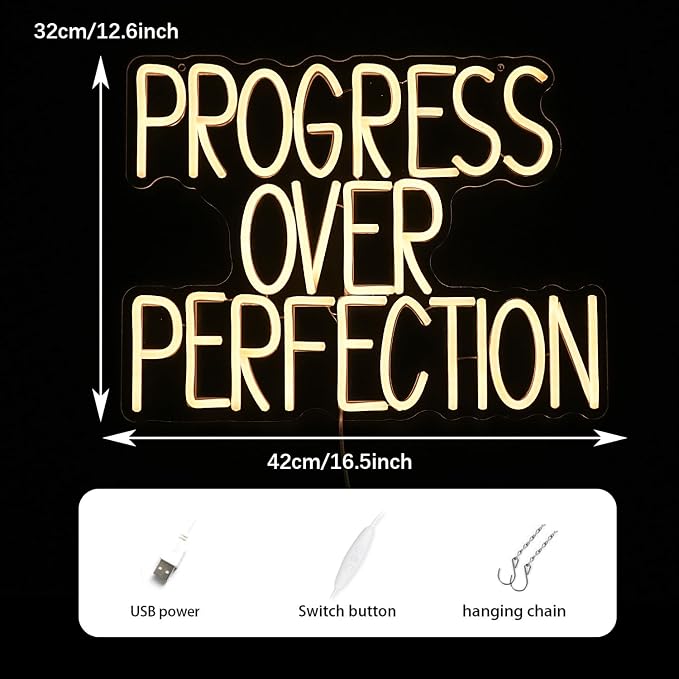 Progress Over Perfection Neon Sign for Wall Decor Dimmable Warm White Words Led Light Up Sign USB Powered LED Letters Neon Light for Classroom Bedroom Library Study Room(16.5 * 12.6In)