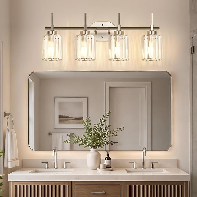 Modern Crystal Vanity Light Fixtures, 4-Light Brushed Nickel Bathroom Vanity Lighting Over Mirror, Bathroom Light Fixture with K9 Clear Crystal Shades for Bedroom, Living Room, Hallway