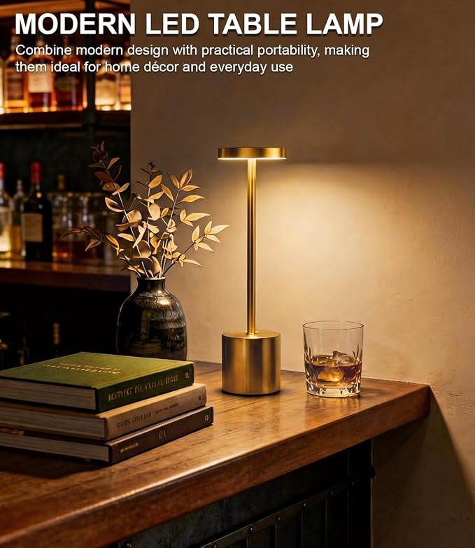 Swinerton Cordless Table Lamp Set of 2, Gold 5000mAh Rechargeable Battery Operated Lamps, Wireless 3 Color Dimmable Touch Lamp Table Light for Restaurant Dining Patio Outdoor, Home Decor
