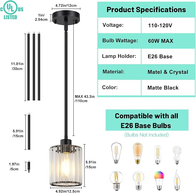2 Pack Black Pendant Lighting, Adjustable Kitchen Pendant Lighting Over Island with Crystal Shade, Modern 1-Light Mini Hanging Ceiling Light Fixtures for Hallway Bathroom Foyer