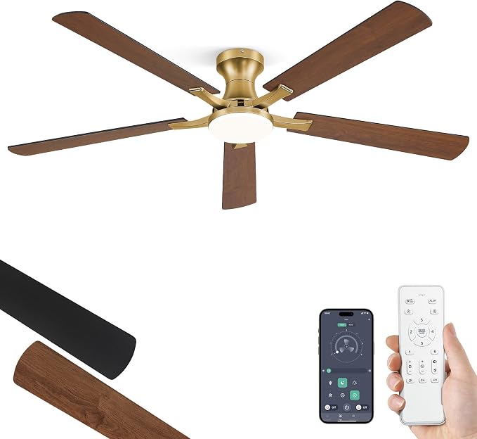 ZMISHIBO 60 Inch Ceiling Fans with Lights, Remote&App Control, Flush Mount | Low Profile, Dimmable 20W LED Light, Quiet Reversible Motor, Strong Airflow, Easy Install for Bedroom/Living Room/Apt, Gold