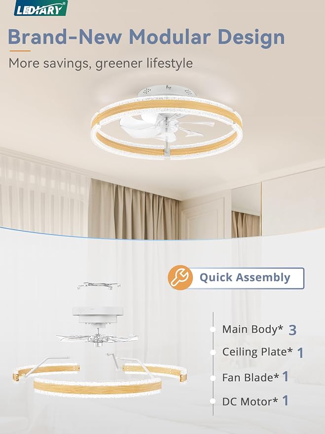 LEDIARY Ceiling Fans with Lights and Remote, 20'' Low Profile Ceiling Fan with Light, 3000-6000K Dimmable Fandelier Ceiling Fans, Modern Flush Mount Fan Light for Bedroom with 6 Wind Speeds-Wood Grain | 3000-6000K Dimmable LED, 6 Wind Speeds, Quiet Rev...