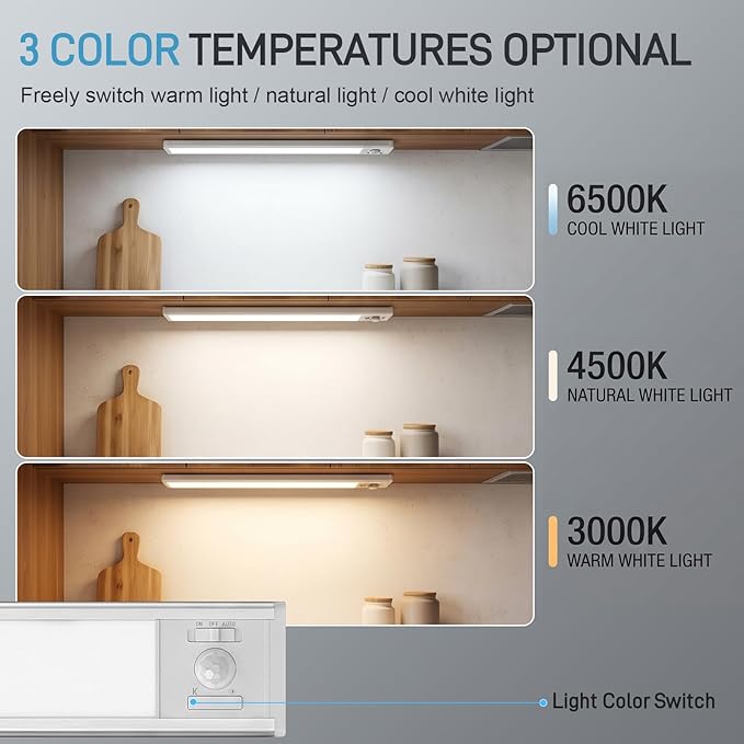 6Pack Aluminum Under Cabinet Lighting, 10inch Rechargeable Ultra-Thin Magnetic Motion Sensor Closet Lights, 3 Colors & Dimmable, USB-C Wireless Under Counter Lights for Kitchen, Pantry, Wardrobe