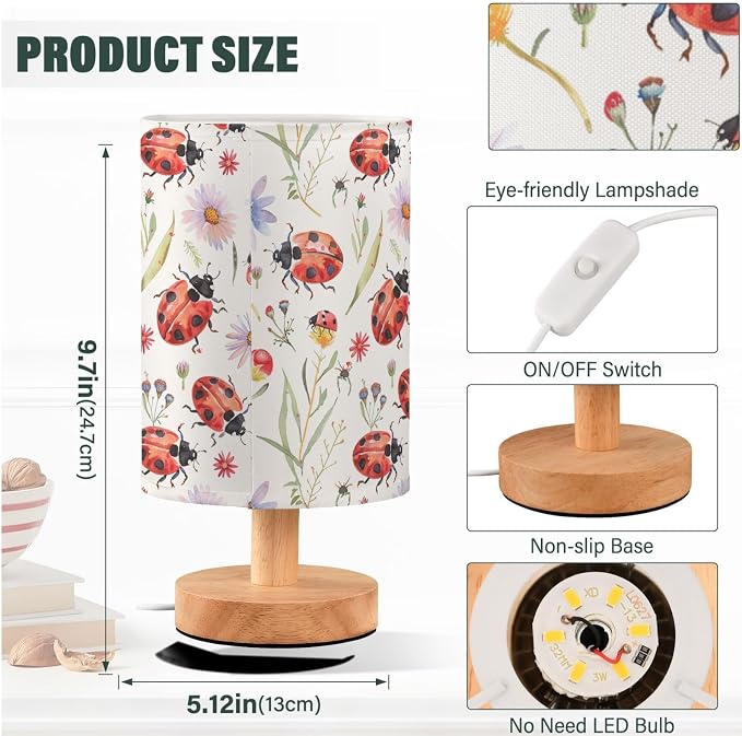 Ladybug Flowers Botanical Table Lamp for Bedroom USB Port Lamps Small Accent Table Lamp Nightstand Lamp Study Linen Shade with Wooden Base, Decorative Lamps for Bedside Reading|Kids|Dorm|Home