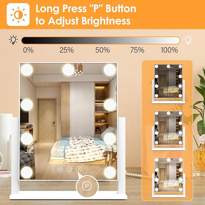 Dirket Vanity Mirror with Lights, Hollywood Lighted Makeup Mirror with 3 Color Lighting Modes and 9 Dimmable Bulbs, Detachable 5X Magnification, Smart Touch Control, 360°Rotation, White