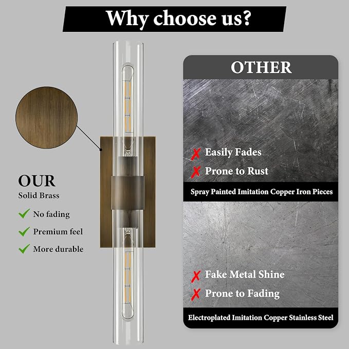 Linear Brass Bathroom Wall Sconce: Set of 2 Antique Modern Vanity Lights | Luxury Dimmable Brushed Gold Sconces, Clear Glass Tube Minimalist Light Fixture for Bedroom Living Room Hallway Indoor Decor