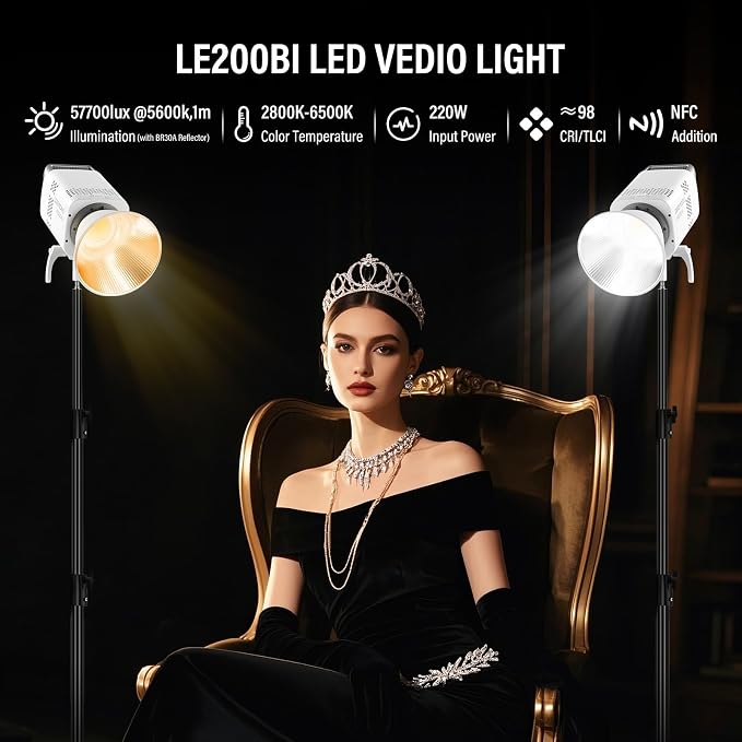 Godox 2Pack LE200Bi Light Kit wih Light Stand/Softbox/Carry Case/5-1 Reflector Bi-Color LED Professional Continuous Video Lighting Kit, CRI 98+, 2800K-6500K, 57700 Lux for Studio Shooting