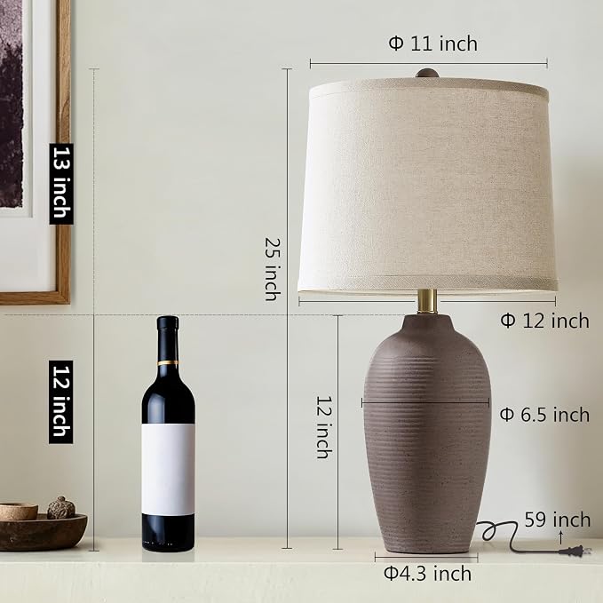 AIEAMPDO 25" Farmhouse Ceramic Table Lamp for Bedroom Living Room | Rustic Bedside Lamp with Linen Shade and Traditional Rotary Switch, Neutral Nightstand Lamp for Office, Bulb Included