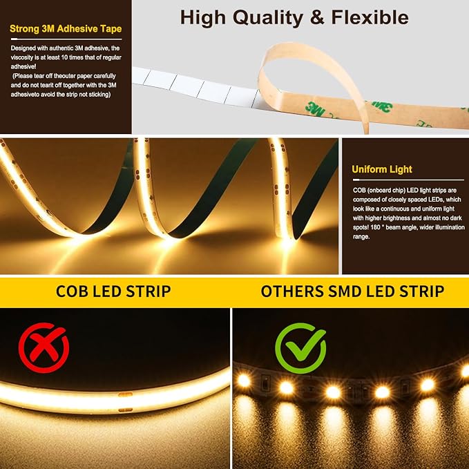 Pandery COB LED Strip Light,CCT Dimmable Strips Light,2700K-6500K,32.8ft/10m,8mm Wide,CRI90+ 24V LED Strips Kit with Bluetooth APP Control/Music Mode,for Bedroom,Kitchen,DIY Lighting