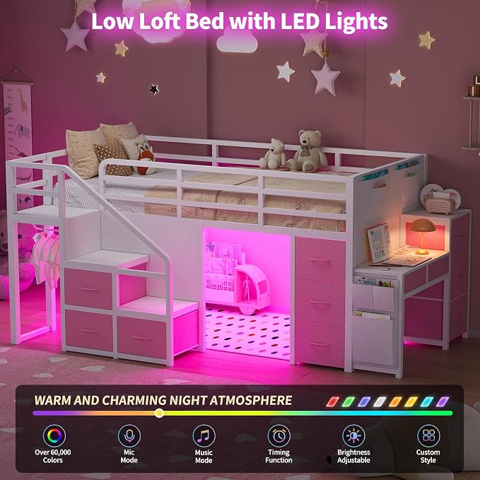 Twin Loft Bed with Desk, RGB Lights & Under Bed Play Fort, White Pink | 11 Storage Drawers, Clothes Rack, Pockets, Wide Step Stairs, 11.8''H Safety Guardrail, Built-in Charging Station