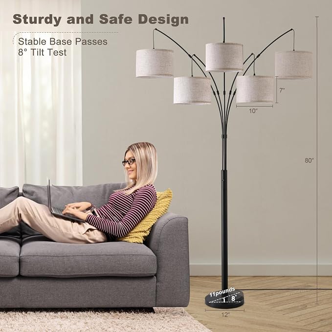Bright Floor Lamp, Remote Control, Beige Shade Black Pole | Large Floor Lamp, 4000LM Independently Controlled 9W LED Energy-Saving Light Bulb, Memory Function, Adjustable Arm