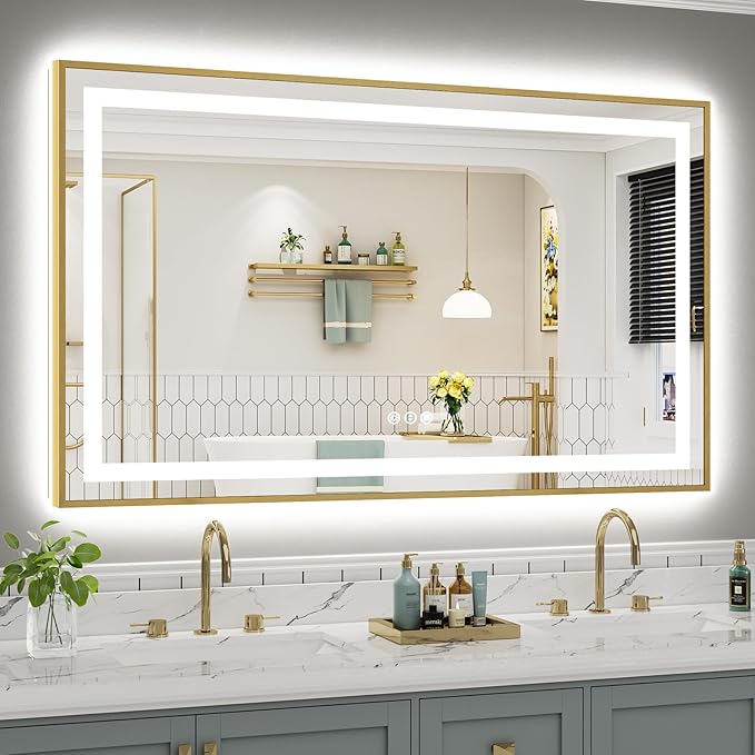 60x36 Inch LED Bathroom Mirror with Gold Frame, Backlit & Front Lit | Anti-fog, 3 Color Dimmable, Memory Function, HD Reflection Tempered Glass, ETL Listed, IP54 Waterproof