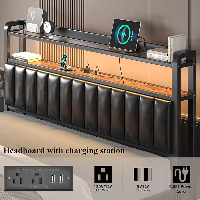 Queen Size Bed Frame and Upholstered Storage Headboard, LED Light, Black | Built-in Charging Station, Wheeled Under-bed Drawers, Heavy-Duty Metal Slats, Noise-Free, Easy Assembly, No Box Spring Needed