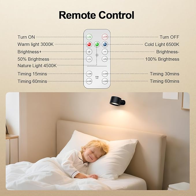 LED Wall Lights with Remote,Rechargeable Wall Mounted Reading Sconces Lamp, 3 Colors & Dimmable Magnetic 360° Rotation Cordless Wall Lighting Spotlights for Bedroom Bedside Hallway (3-Pack)