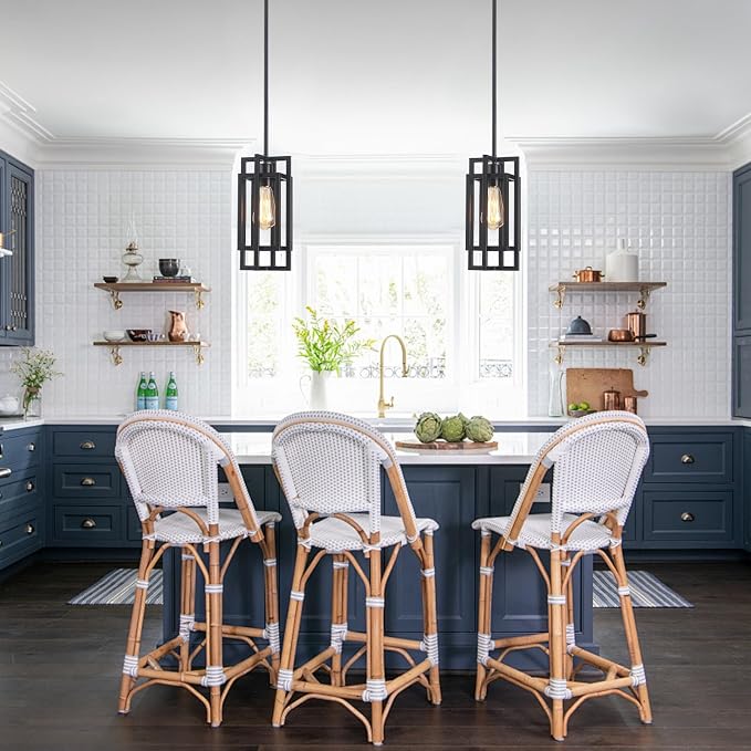 Farmhouse Pendant Light Fixtures 2 Pack 1 Light, Cage Black Finish Modern Pendant Lights with Max 59'' Adjustable, Small Square Pendant Ceiling Hanging Light for Kitchen Island Dining Room Entryway